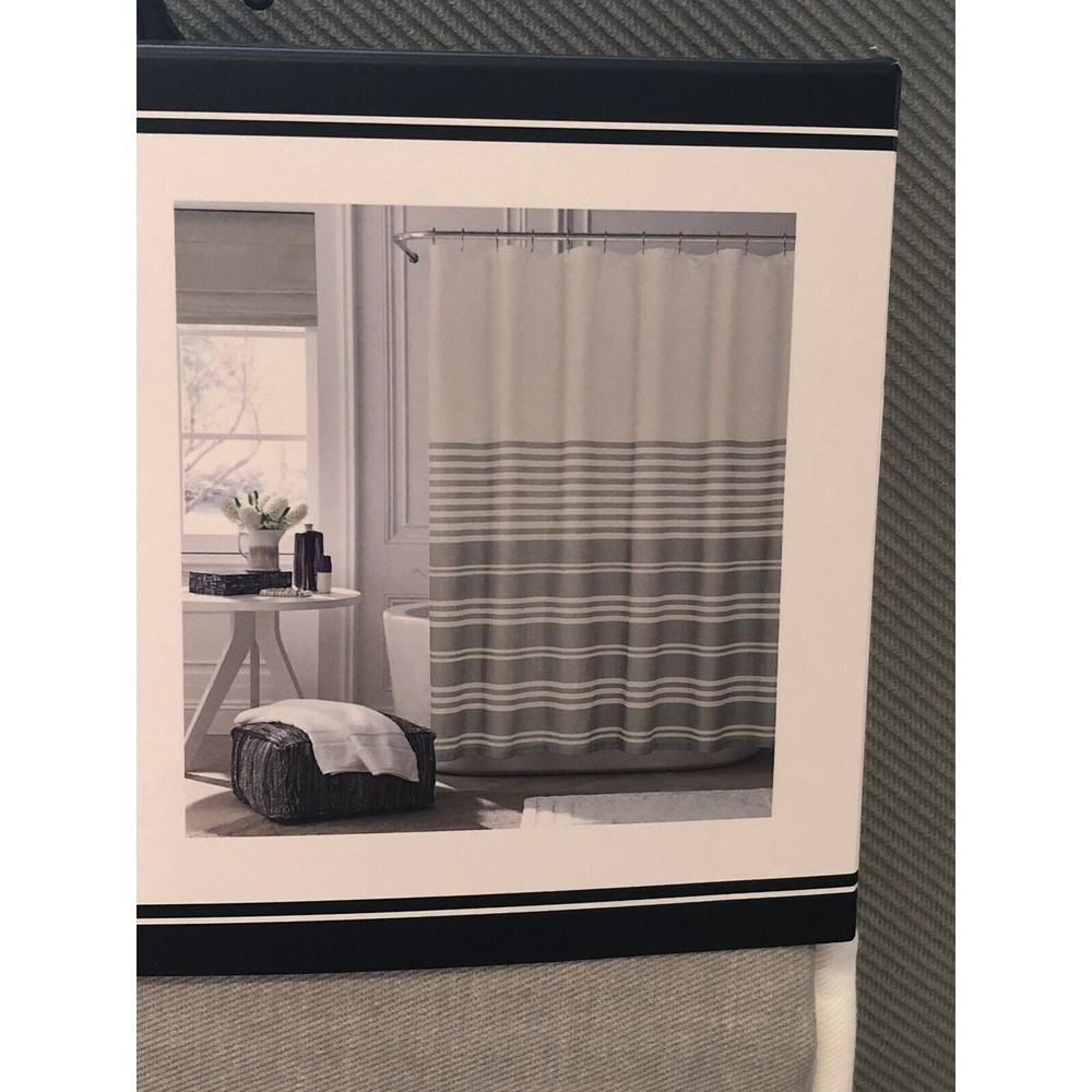 New Tommy Hilfiger White Gray Canyon Stripe Fabric Shower Curtain 72x72